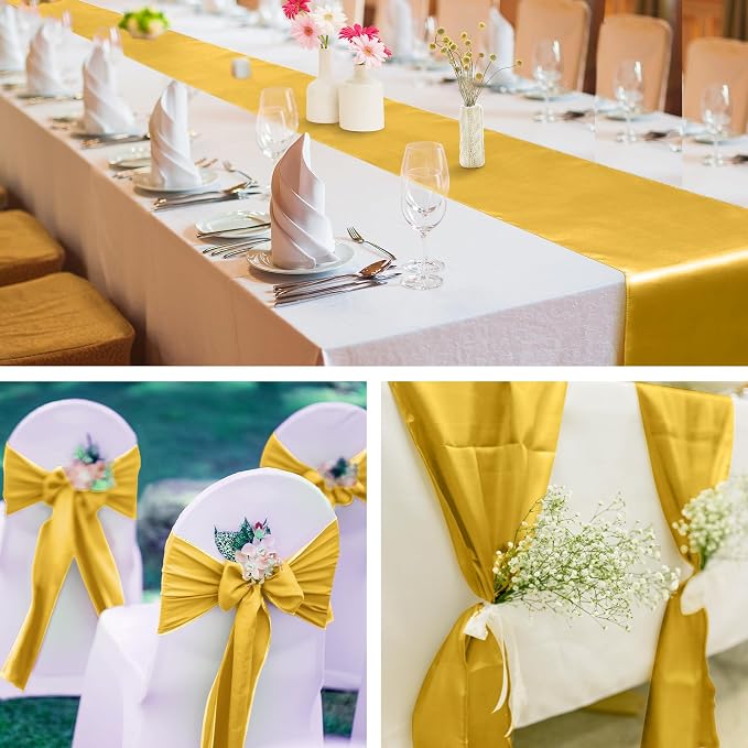 Aneco 12 Pack Satin Table Runner 12 x 108 Inch Gold Long Wedding Satin Silk - Image 6