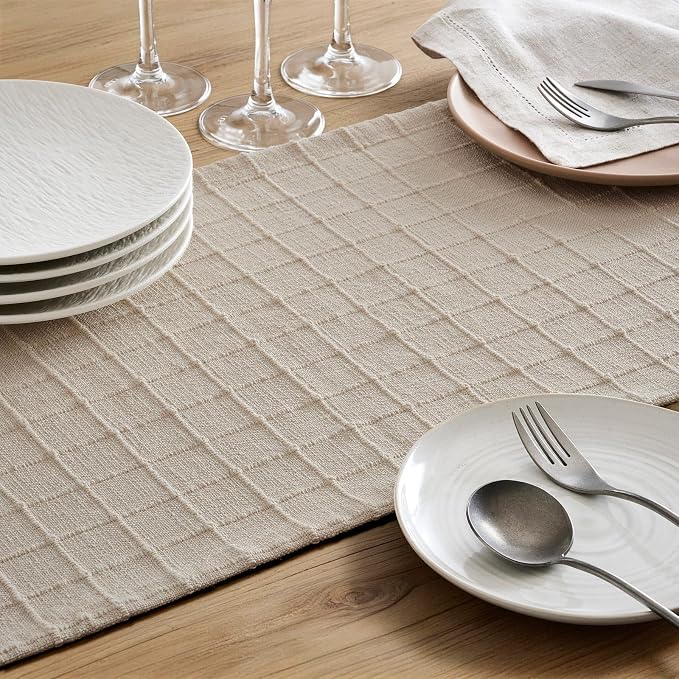 Artisanal Grid Linen Table Runner, 13x108 Inches Neutral Beige | Heavy Textured - Image 6