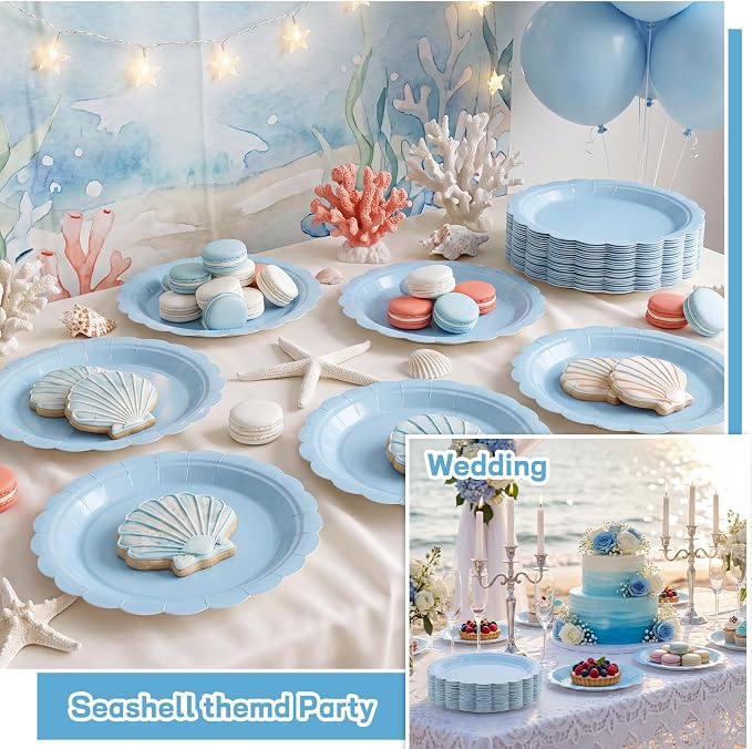 NatNarr 30 Pk Light Blue Plates 9" Disposable Scalloped Blue Paper Plates | - Image 3