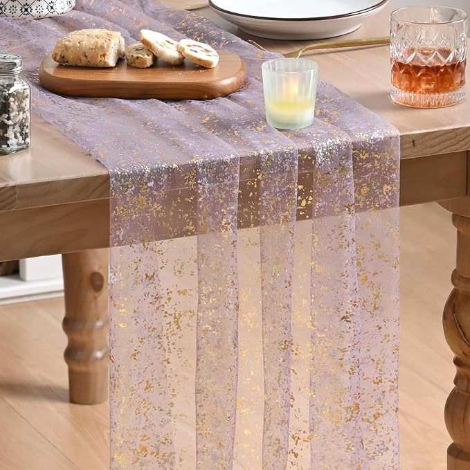 Artoid Mode 6Pcs Grayish Purple Gauze Gold Table Runner 10FT, Glitter Metallic by ArtoidMode