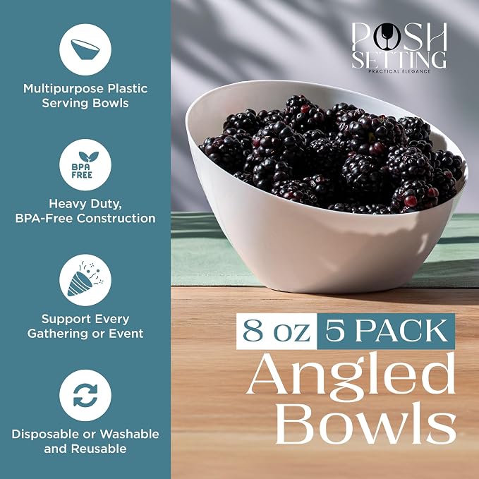 5 Pack White Angled Plastic Serving Bowls Disposable - Image 2