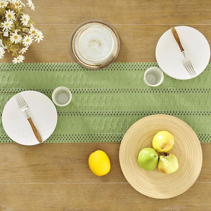 Macrame Style Boho Table Runner, 12x108 Inch Green | Woven Boho Table Runner - Image 4