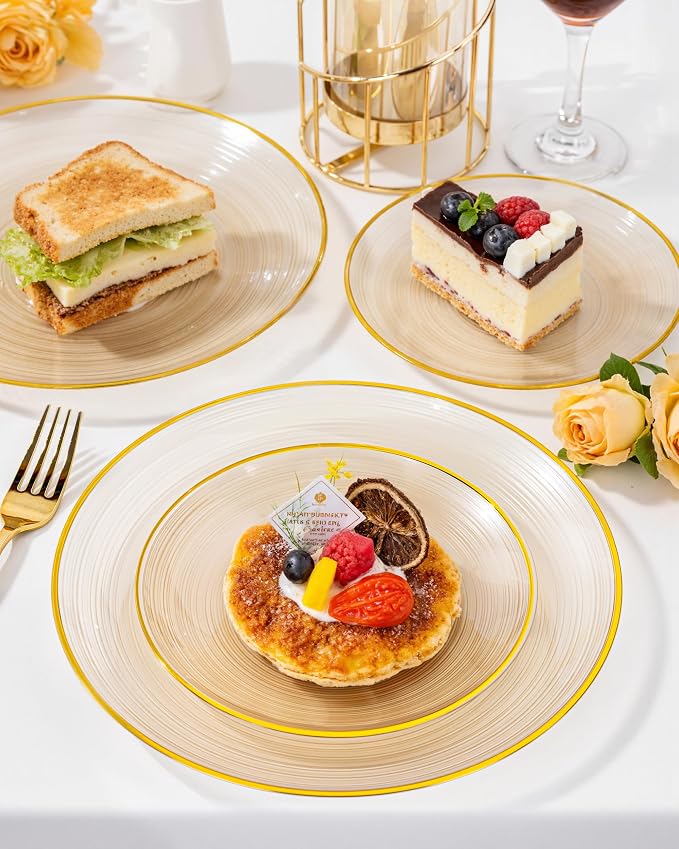 Morejoy 175PCS Clear Brown Plastic Plates, Disposable Gold Party Plates | - Image 4