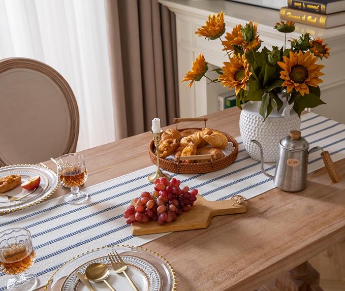Caflife Boho Table Runner 72 Inchs Long Blue and Beige, Cotton and Linen Woven - Image 5