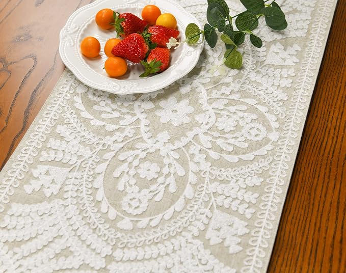KEVA Boho Table Runner 36inches Long, Farmhouse Rustic Vintage White - Image 3