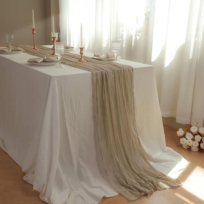 Snowkingdom 6 PCS Nude Brown Cheesecloth Table Runner, Taupe Light Tan 120 inch - Image 2