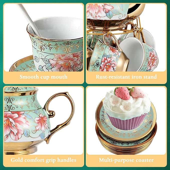 20 Pcs Porcelain Tea Set with Metal Holder, Adult Tea Set Gift, European - Image 6