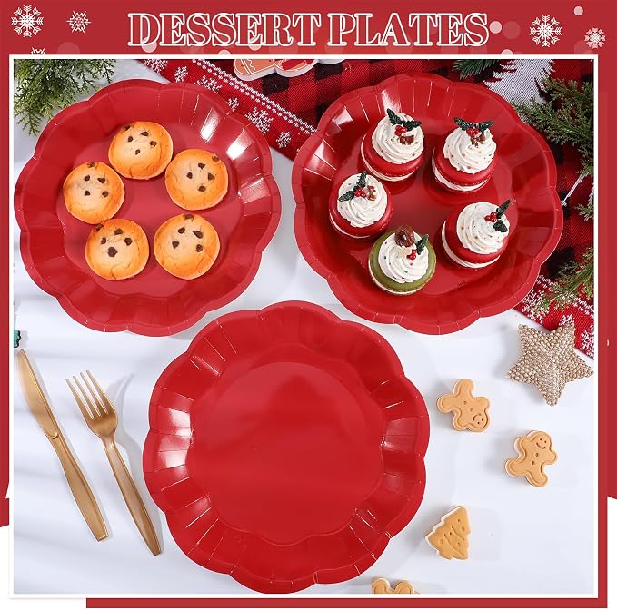 NatNarr 30 Pcs Red Paper Plates 9 Inch Scalloped Dinner Cake Plates | Red Party - Image 6