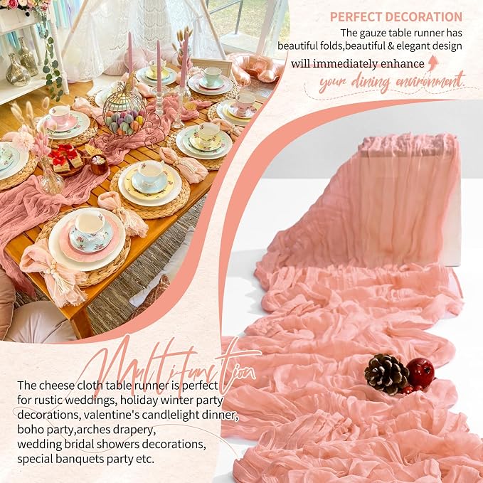 Showgeous 2 Pack Coral Cheesecloth Table Runners Boho Wedding Decor | Rustic - Image 6
