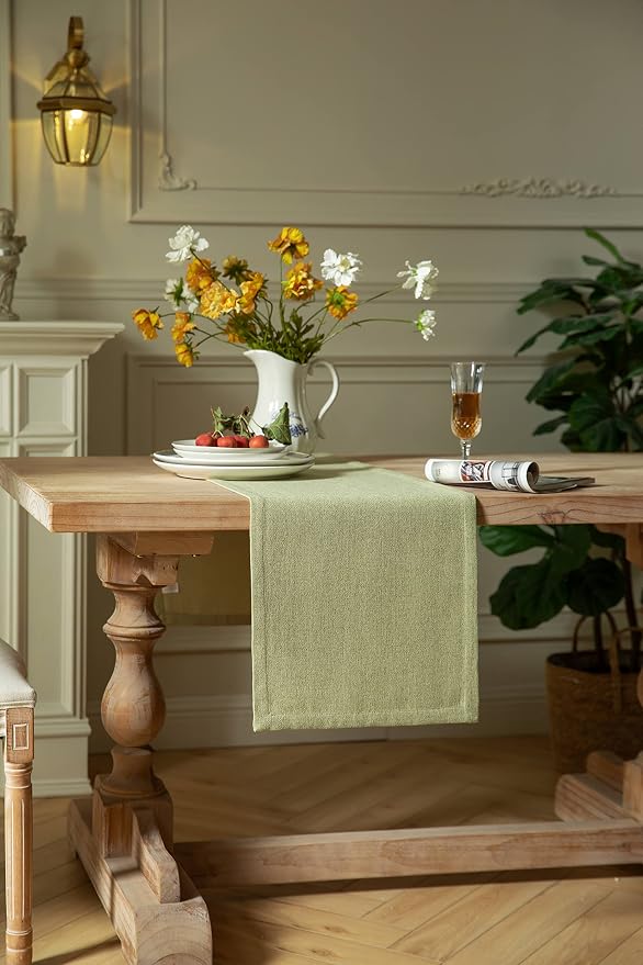 Burlap Style Farmhouse Table Runner, 14x36 Inches Light Sage Green | Thick - Image 3