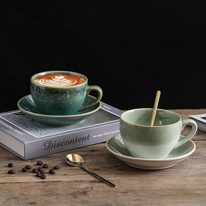 Porcelain Coffee Cup with Saucer Spoon, Vintage Design Ceramic Latte Art - Image 4