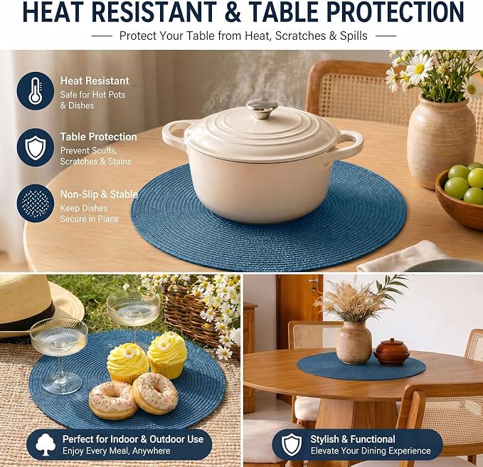 FunWheat Round Braided Placemats Set of 6 Table Mats - Image 7