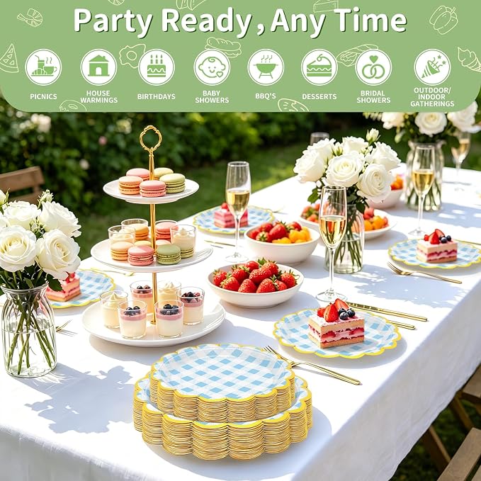 50 Pcs Blue Gingham Paper Plates Disposable, Dessert Cake Plates, - Image 3
