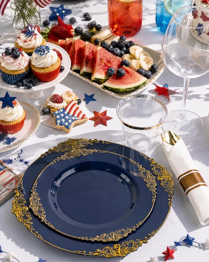 Nervure 175Pcs Blue Plastic Plates, Disposable Dinnerware Set - Image 5