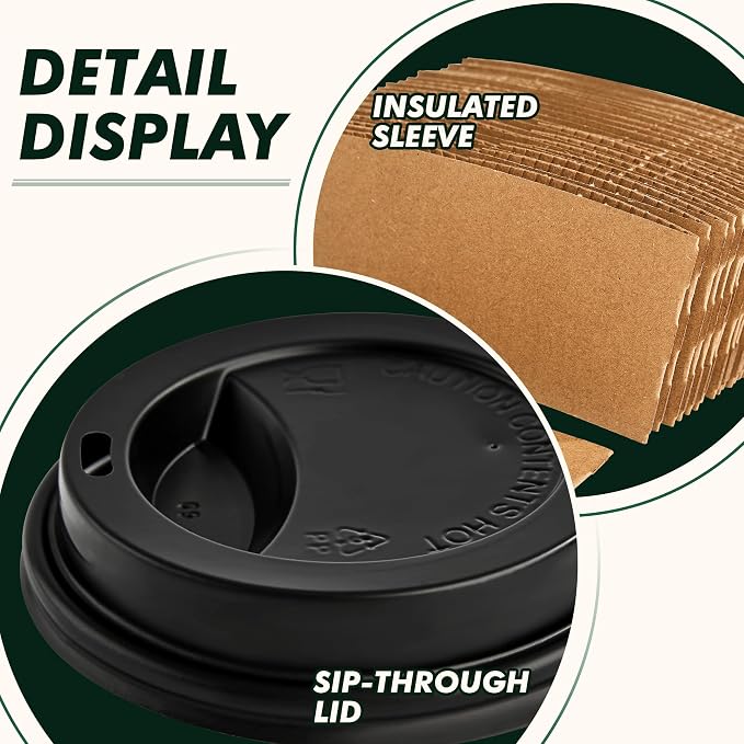 12 oz Coffee Cups with Lids and Sleeves 100 Pack, Thickened Paper Cups - Image 4