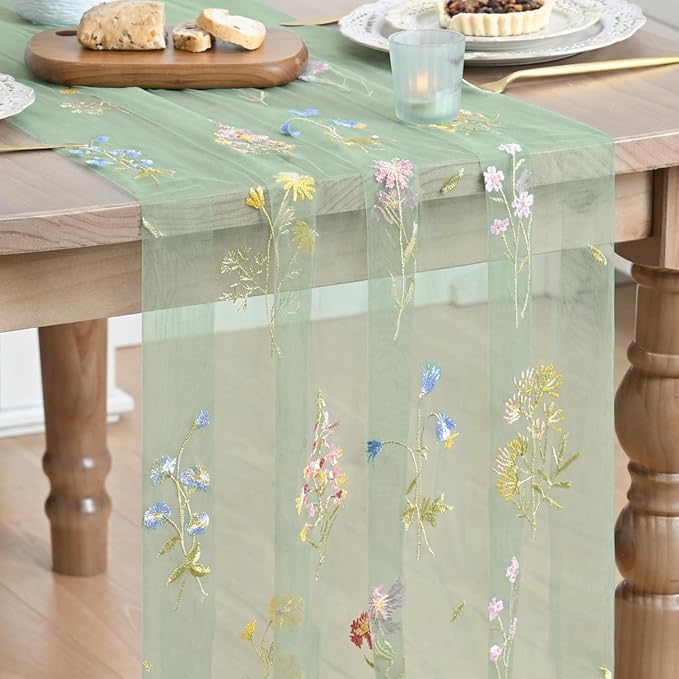 Artoid Mode Wildflower Floral Sage Green Gauze Embroidery Table Runner 120 Inch by ArtoidMode