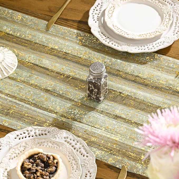 Artoid Mode Sage Green Gold Gauze Table Runner 120 Inch 10FT, Glitter Metallic - Image 4