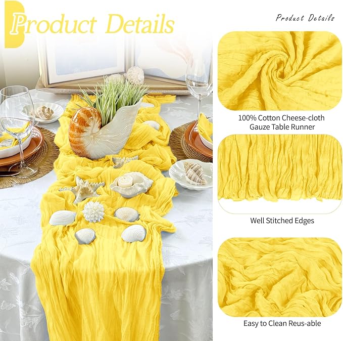 3 Pack Lemon Yellow Cheesecloth Table Runner 17x108 Inch Semi Sheer Boho Gauze - Image 3