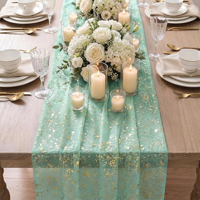 Artoid Mode 10Pcs Turquoise Gauze Gold Table Runner 10FT, Glitter Metallic Foil - Image 7