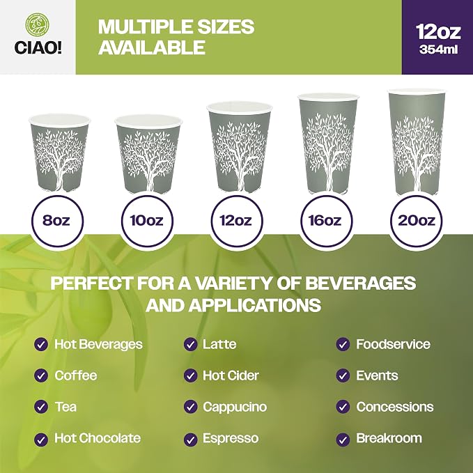CIAO! 12oz Paper Hot Cup, Rooted Olive Print - Image 5