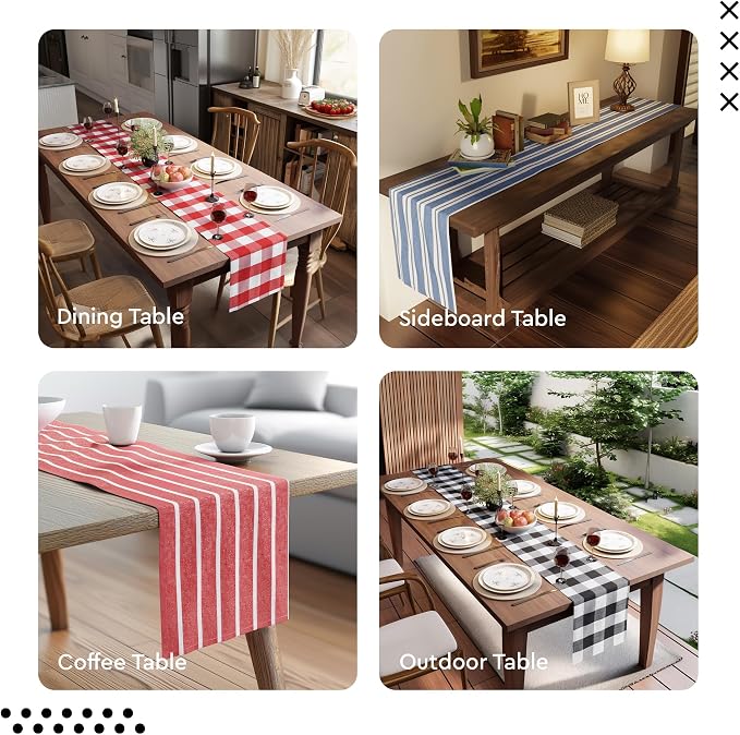 Encasa XO Table Runner, Woven Cotton Dining Runner 13"x120" Franca Beige Checks - Image 8