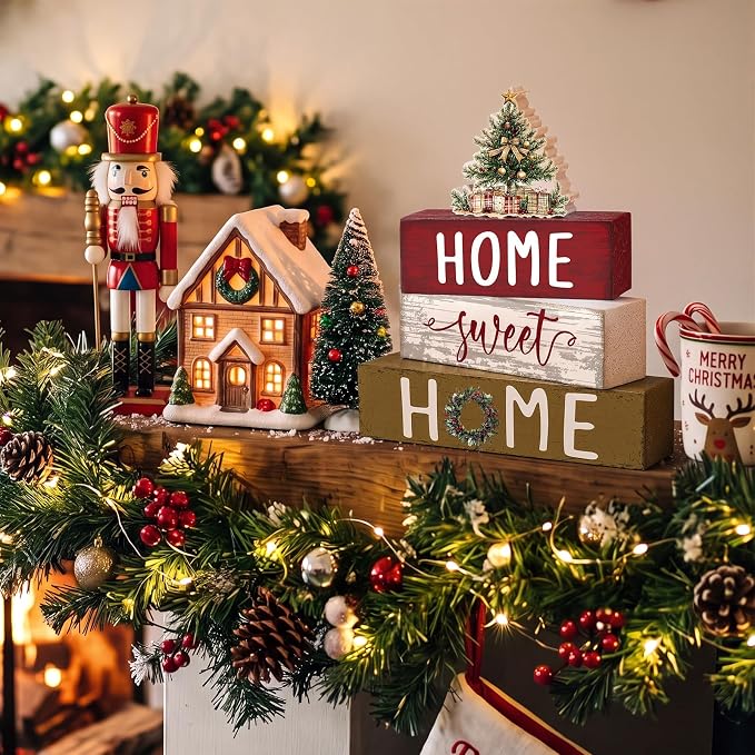 Cinnvoice 4 Pcs Red Christmas Tree Wooden Block Decor Winter Farmhouse Tiered - Image 4