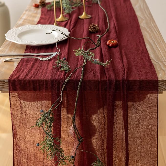 6Pcs Burgundy Cheesecloth Table Runner 120 Inches - Image 3