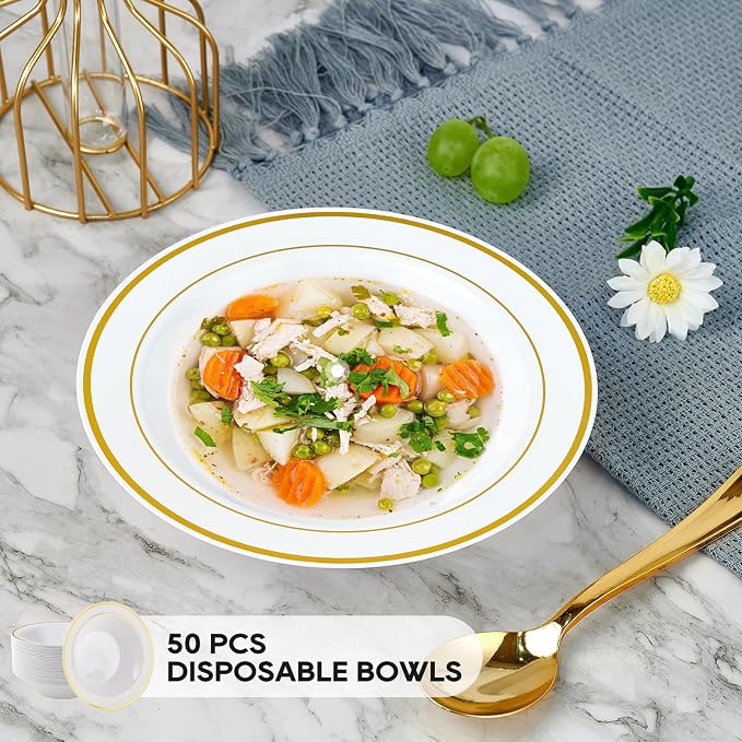 50PCS Plastic Bowls with Gold Rim 12oz Disposable Soup Bowls | Plastic Bowls - Image 2