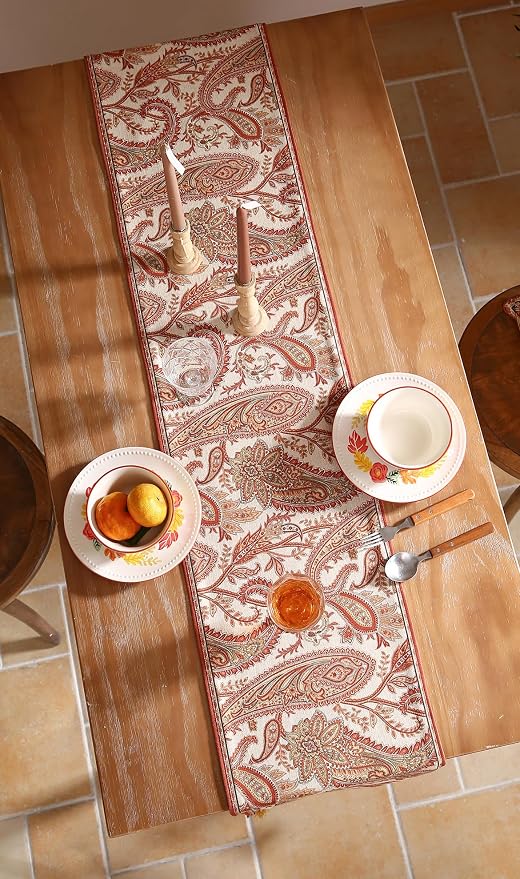 Designer French Linen Long Table Runner, Cashew Pattern, Dining Table, Kitchen - Image 7