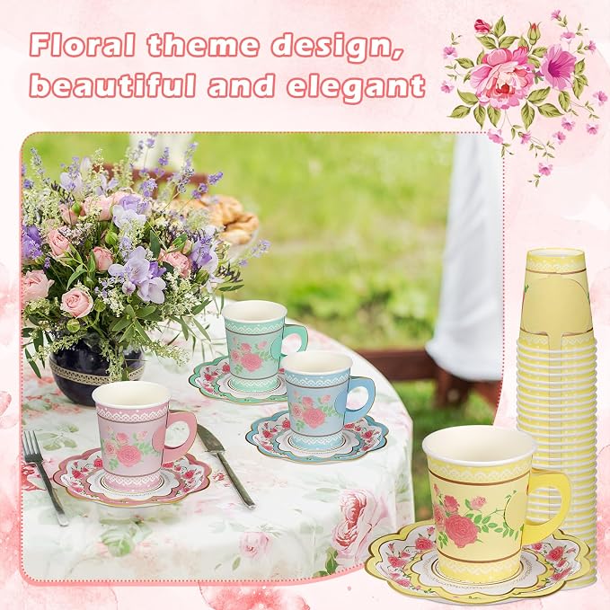 FillTouch 200 Sets Floral Paper Tea Cups and Saucers Disposable Paper Tea Party - Image 4