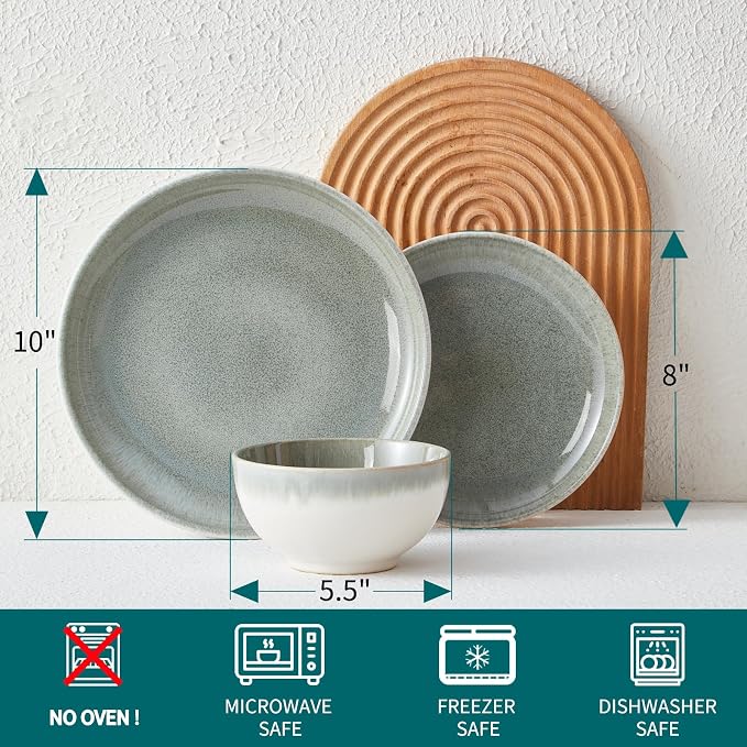 Gradient Green Stoneware Dinnerware Sets, Handmade Ceramic Round Dishes Set - Image 2