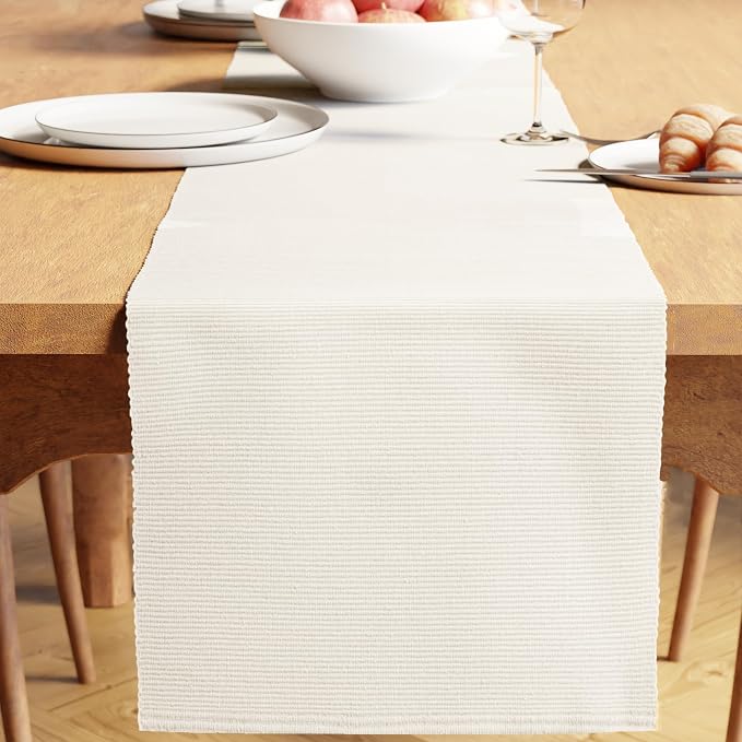 Encasa XO Table Runner, Yarn Dyed Ribbed Cotton 13"x79" | Solid Off White by EncasaXO