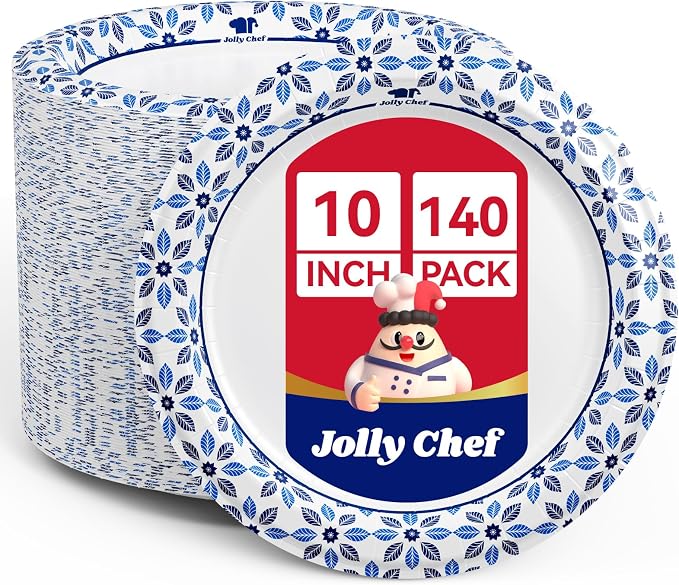 10 inch Disposable Paper Plates 140 Count, Soak Proof, Cut Proof, Heavy Duty by JOLLYCHEF