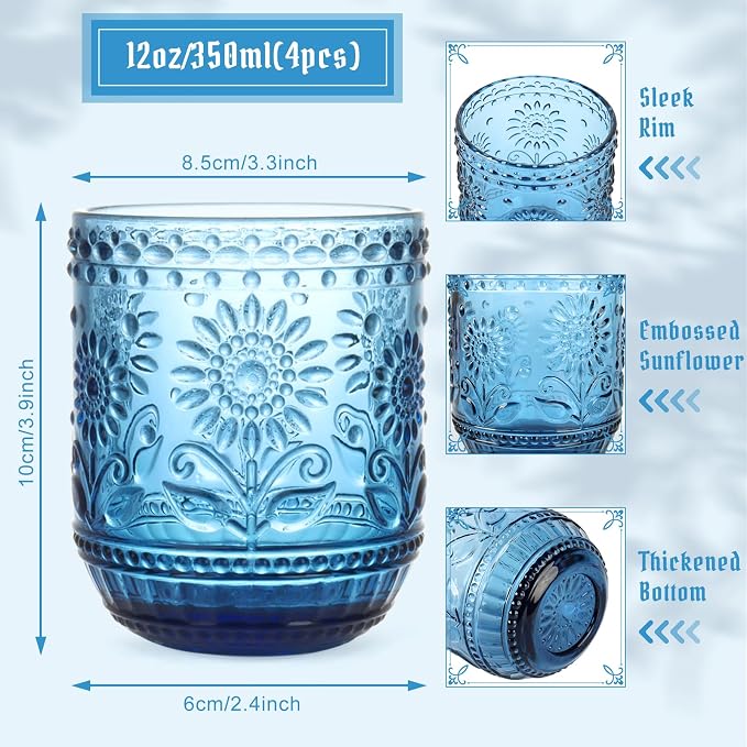Topsky Vintage Drinking Glasses Set of 4, 12oz Drinkware Set, Heavy Duty - Image 4