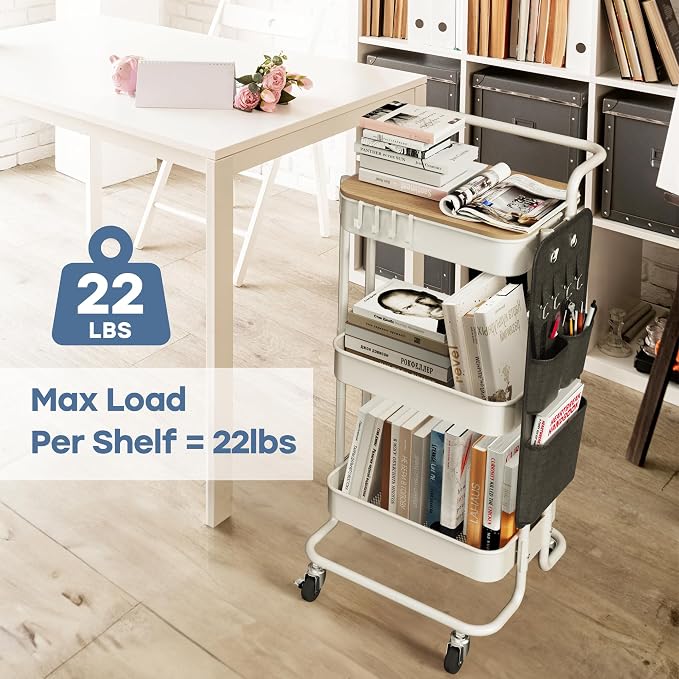 DTK 3-Tier Rolling Cart with Table Top, Metal Utility Cart with Side Bags | - Image 3