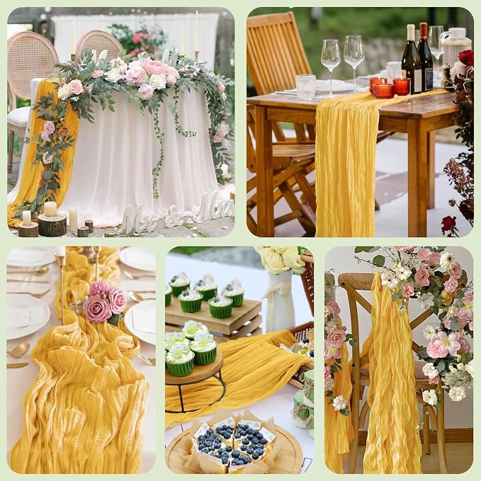 Cheesecloth Table Runner 10FT 12Pcs Gold Boho Gauze Rustic Sheer Runners | - Image 7