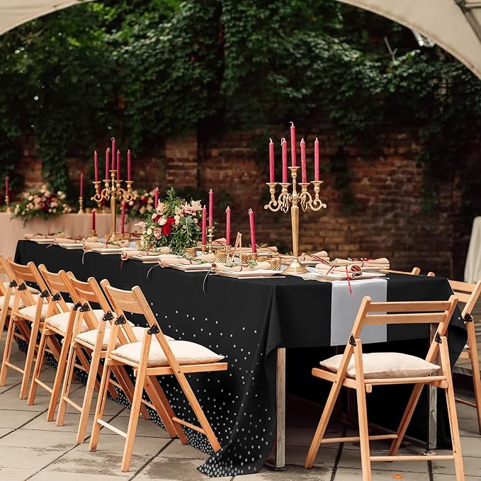 16Pack Disposable Plastic Tablecloths and Satin Table Runner Set Black and - Image 6