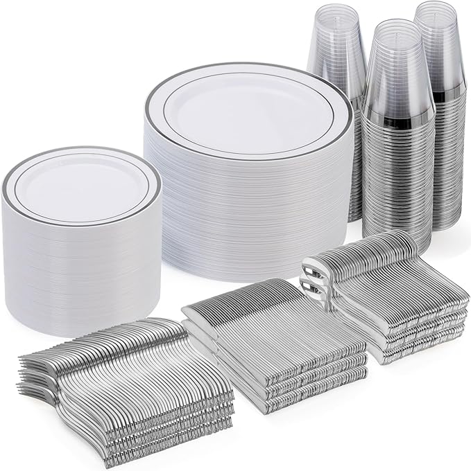600 Plastic Piece Disposable Silver Plates by GoodLuck