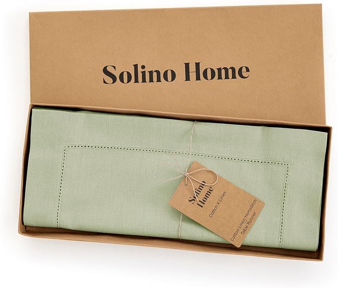 Solino Home Cotton Linen Table Runner Sage, Hemstitch Collection 14 x 36 in | - Image 5