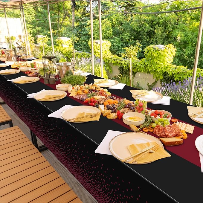 MASHAN 6Pcs Black Maroon Tablecloths, Rectangular Plastic Table Covers - Image 7