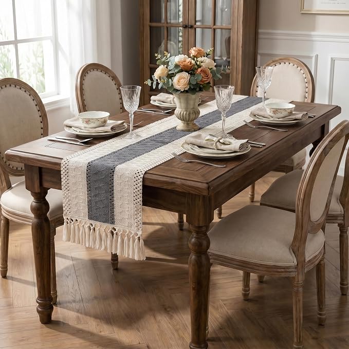 Boho Macrame Table Runner with Tassels 48in Grey Farmhouse Runner | Macrame - Image 3