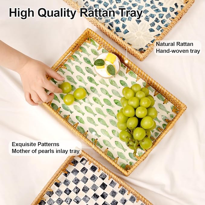 Rectangle Rattan Tray with Mother of Pearl Inlay, Rattan Serving Tray with - Image 4