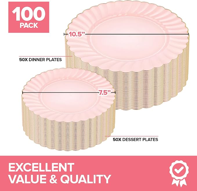 Stock Your Home 100 Pack Pink & Gold Scalloped Plastic Plates, Disposable Heavy - Image 2