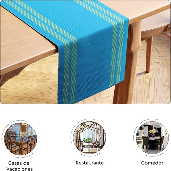 Encasa XO Table Runner, Yarn Dyed Ribbed Cotton 13"x59" | Ladder Turq Blue - Image 4