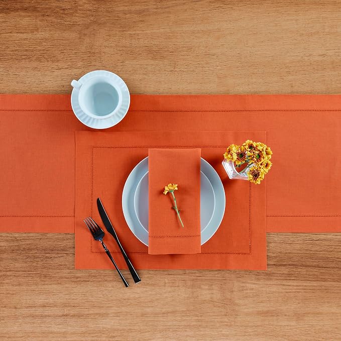 Solino Home Cotton Linen Table Runner Burnt Orange Hemstitch, 14 x 72 in | - Image 3