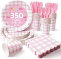 Vyntra 350 Pcs Pink Gingham Paper Plates and Napkins Set by PartyTablewareSupplies