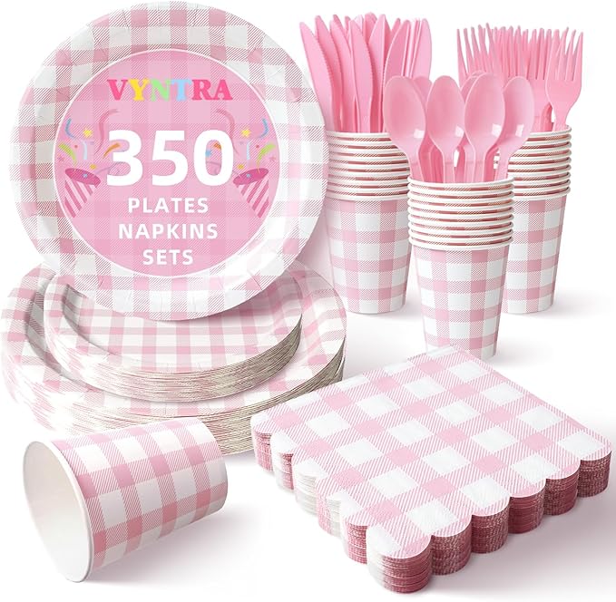 Vyntra 350 Pcs Pink Gingham Paper Plates and Napkins Set by PartyTablewareSupplies