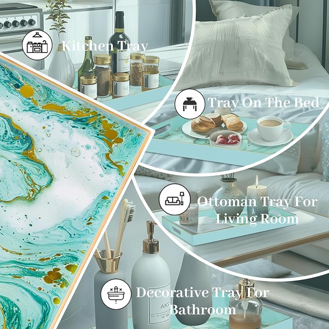 Turquoise Serving Tray with Handles, Plastic Decorative Tray | Green Coffee - Image 7
