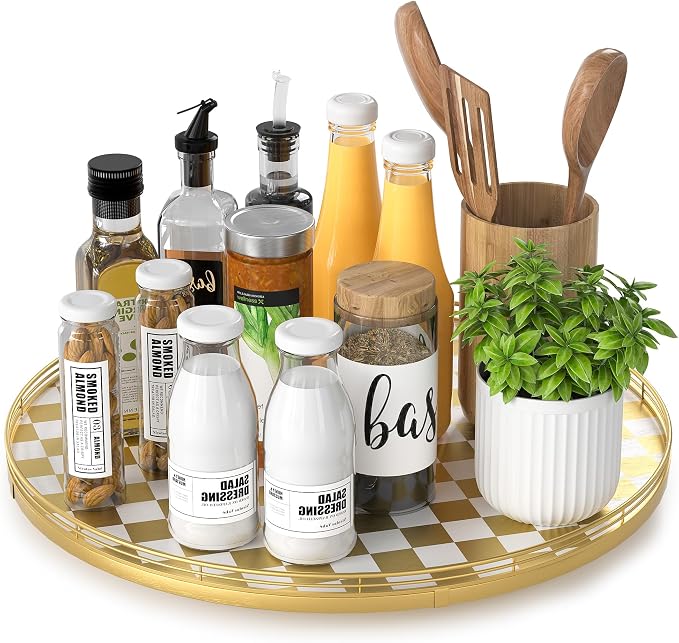 AMH 16-Inch Gold and White Checkerboard Lazy Susan by AMH