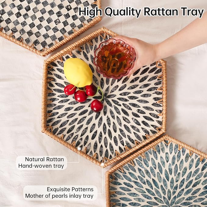 Hexagon Rattan Tray with Mother of Pearl Inlay, Rattan Serving Tray - Image 2